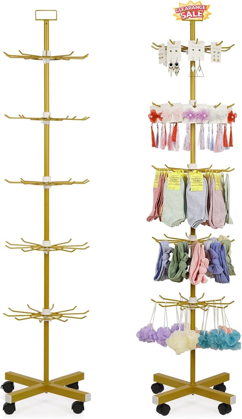 Exttlliy Retail Display Stand 5 Tier Metal Spinning Display Rack with Wheels Keychain Jewelry Stocking Hat Display Stand with Hooks for Malls, Showroom, Retail Store (Gold) - Image 1